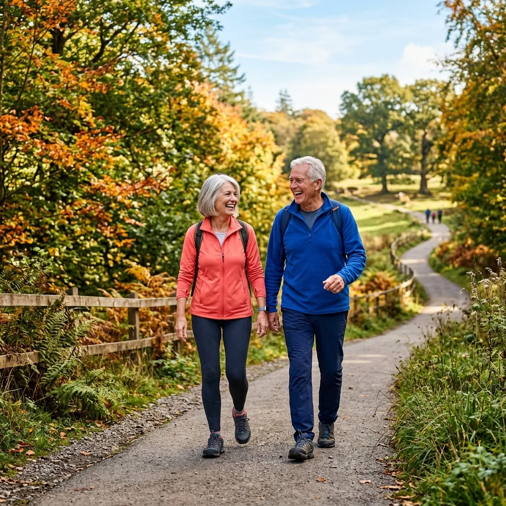 Healthy active senior couple walking outdoors pain-free
