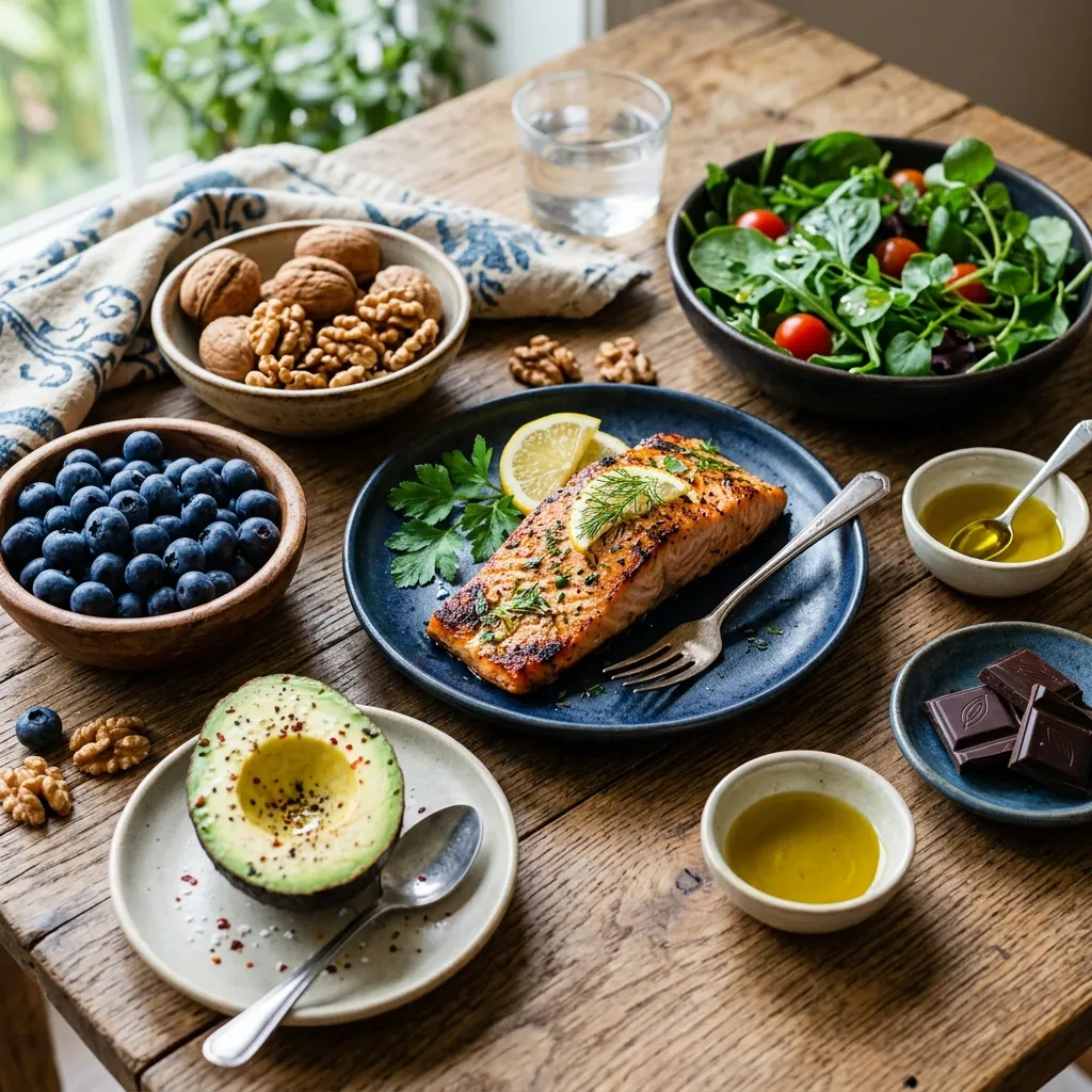 Brain healthy foods like blueberries, walnuts, and avocado