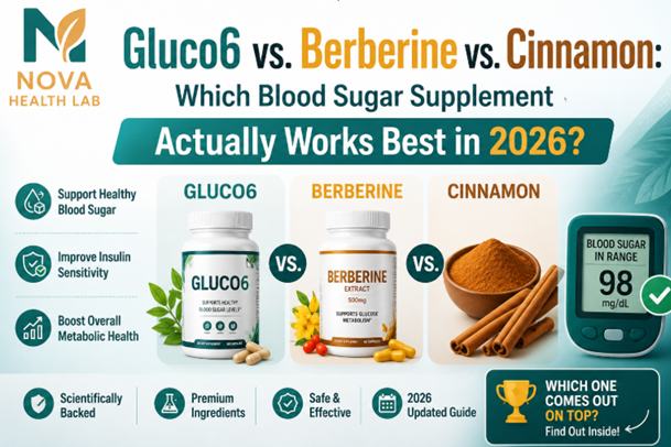 Gluco6 vs Berberine vs Cinnamon comparison chart — side-by-side blood sugar supplement breakdown 2026