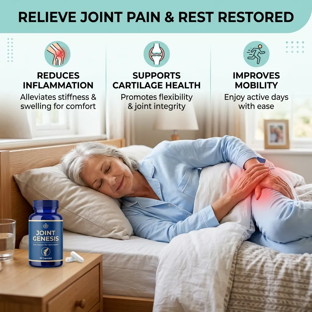How to Relieve Hip Pain When Lying Down Infographic: reduces inflammation, supports cartilage health, and improves mobility