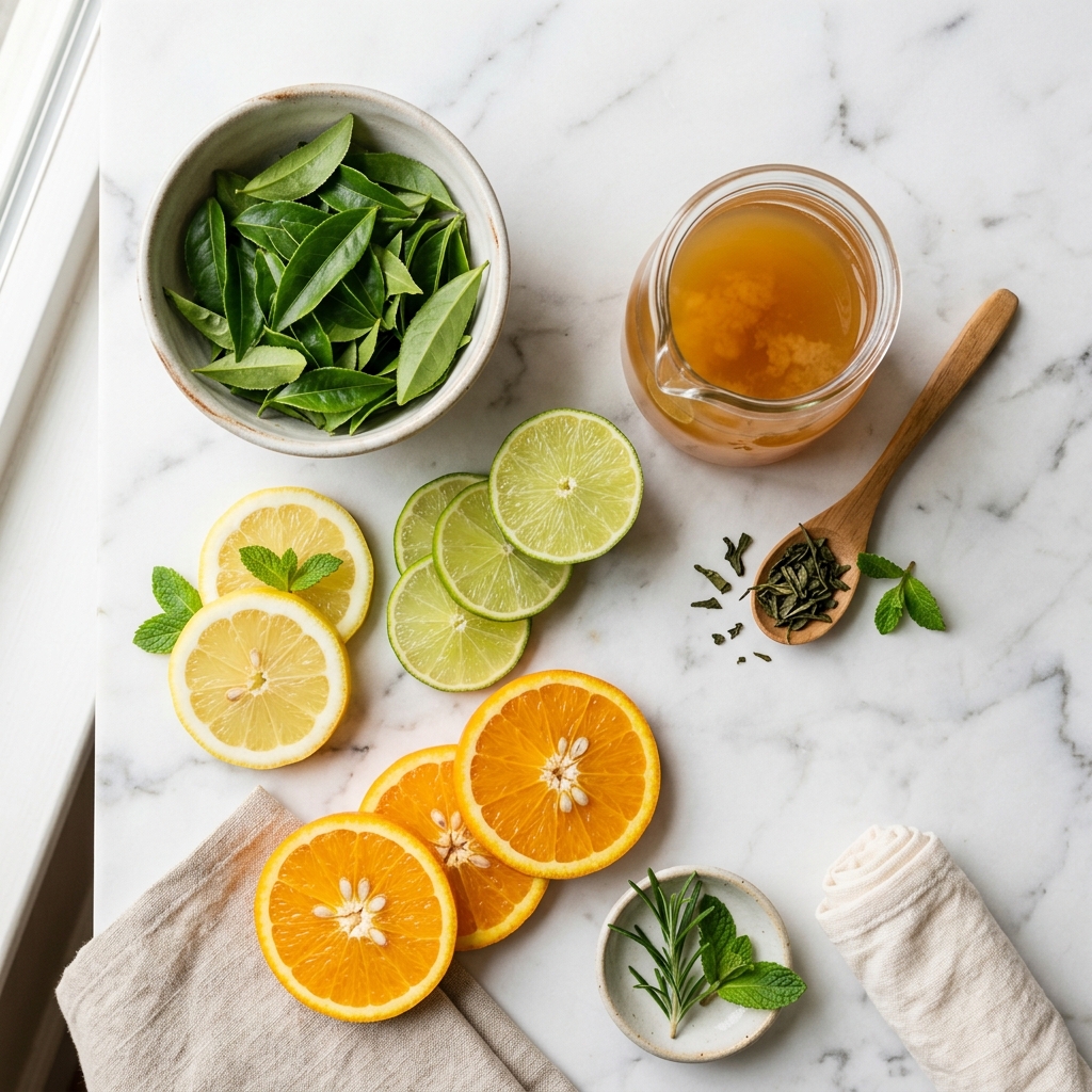 Fresh green tea, citrus fruits, and apple cider vinegar