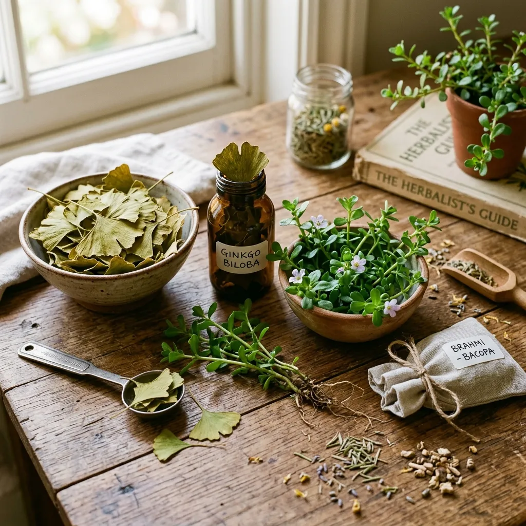 Natural herbs like Ginkgo Biloba and Bacopa used for memory support
