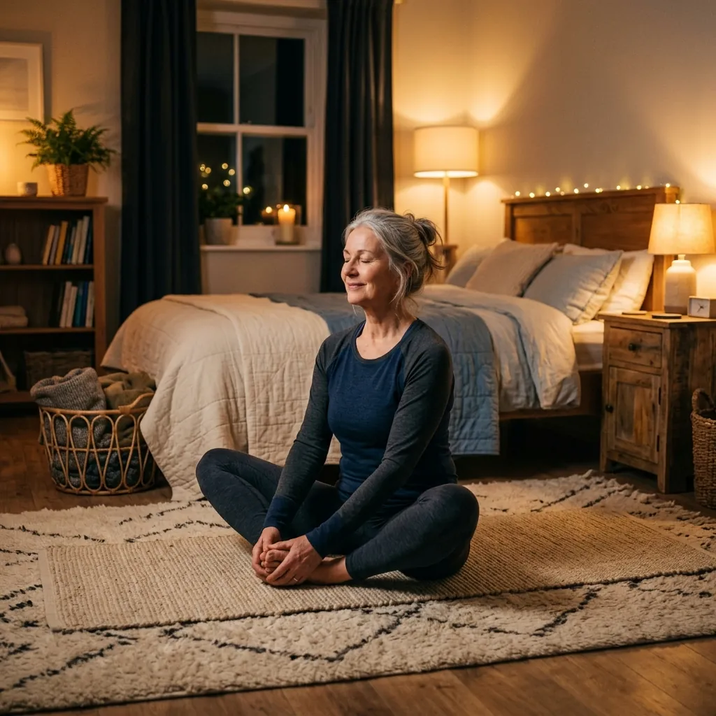 Active senior doing a gentle hip stretch in bedroom before sleep